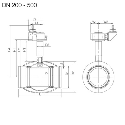 Схема. Шаровые краны с удлиненным штоком DN 200-800, c угловым редуктором, Vexve