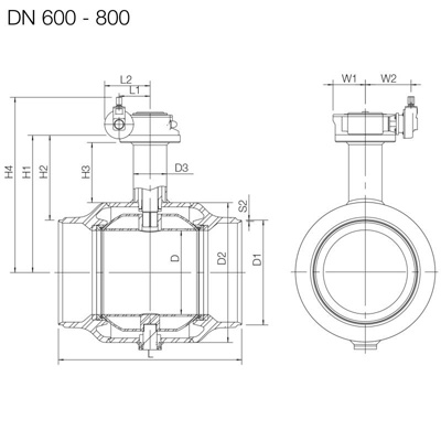 Шаровые краны с удлиненным штоком DN 200-800, c угловым редуктором, Vexve